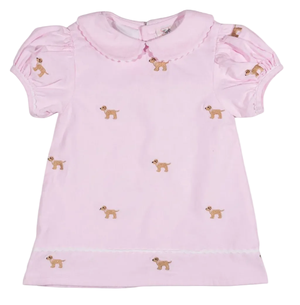 baby pink dress with dogs embroidered all over