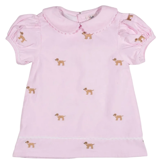 baby pink dress with dogs embroidered all over