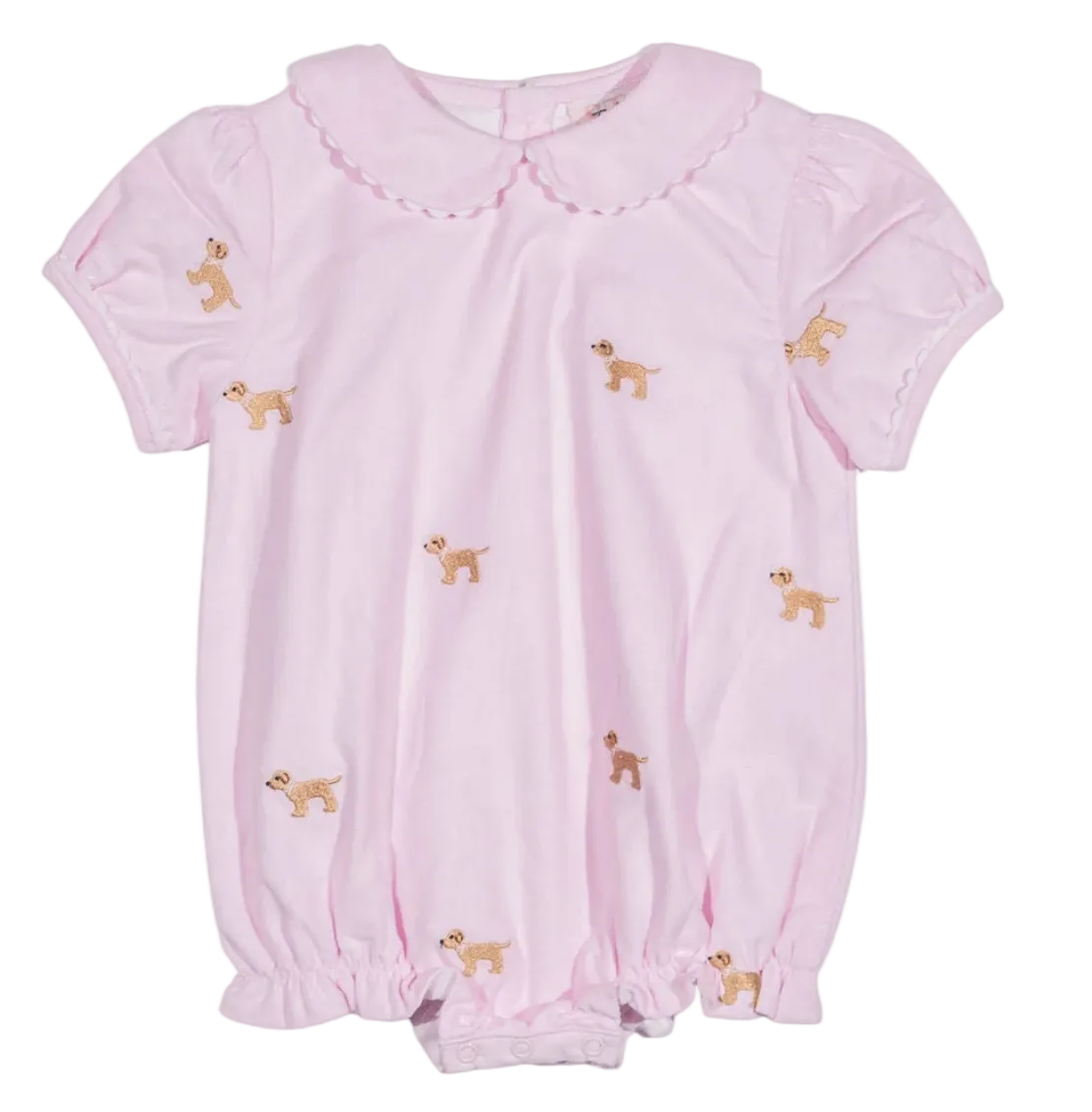 A light pink short-sleeve baby romper with a Peter Pan collar, featuring embroidered dog scattered across the front.
