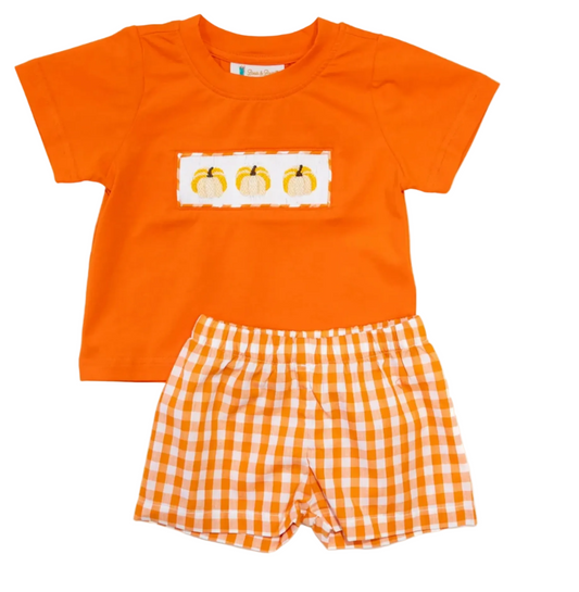 Boots & Bows Smocking Co. — Boys Smocked Pumpkin Gingham Shorts Set — boys short set