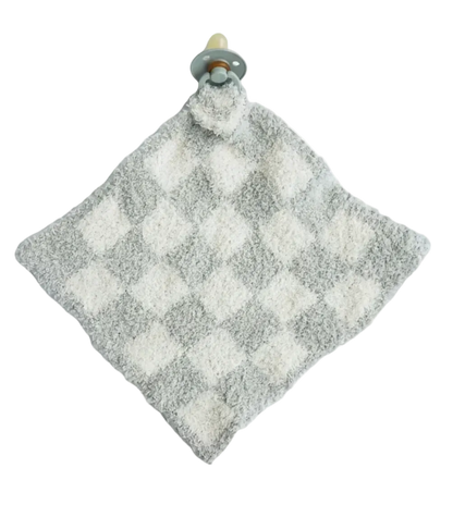 A soft, baby security blanket with a gray and white checkered pattern, featuring a plush loop at the top holding a pacifier clip.