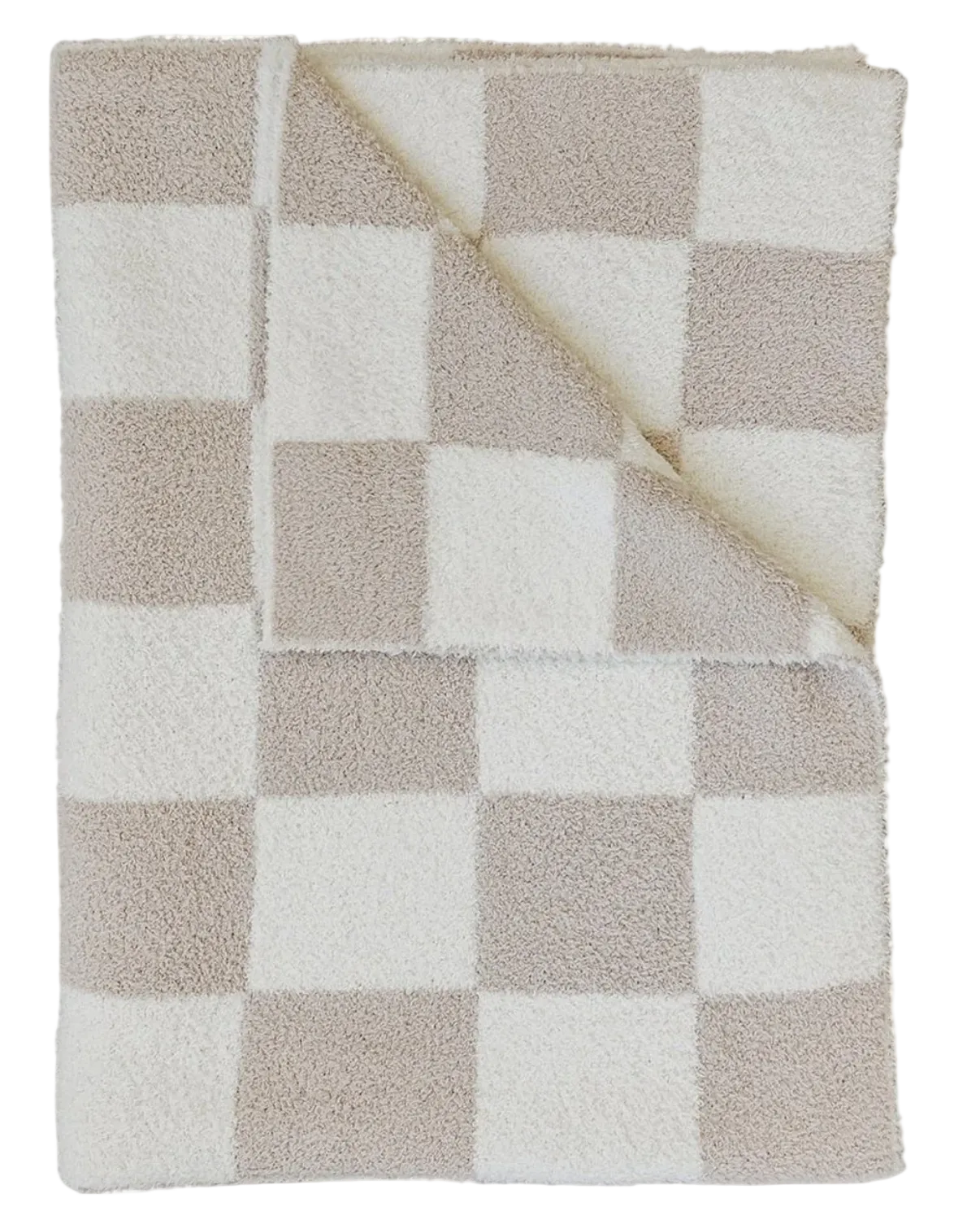 A folded plush throw blanket with a beige and white checkered pattern, showing its soft sherpa lining on the reverse side.