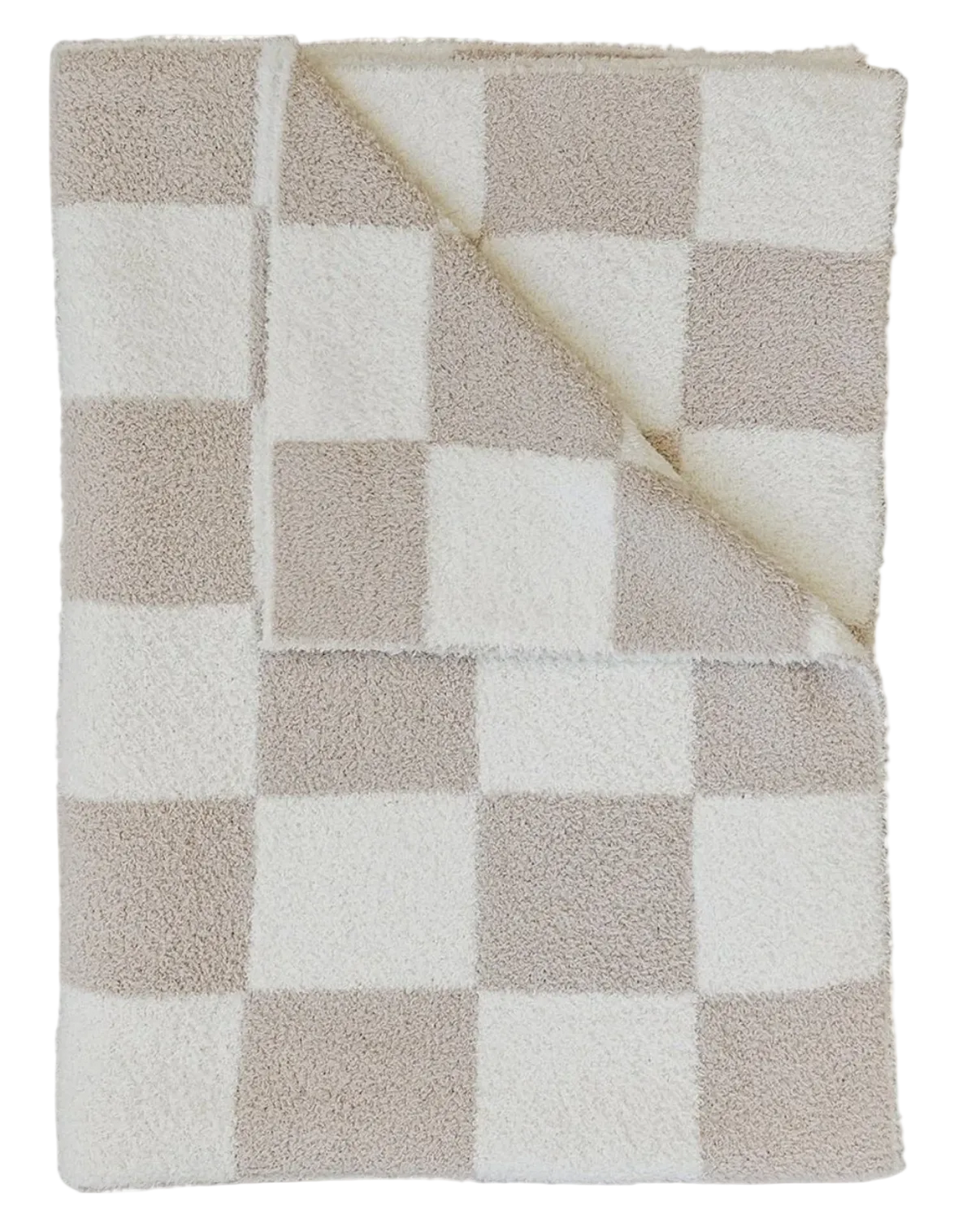 A folded plush throw blanket with a beige and white checkered pattern, showing its soft sherpa lining on the reverse side.