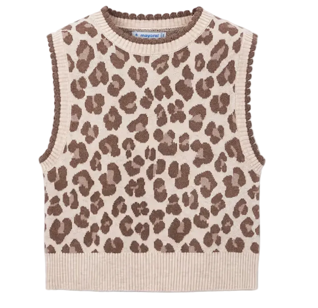 A sleeveless knit sweater vest with a brown and beige leopard print pattern, featuring scalloped edges and a ribbed crew neck, hem, and armholes, shown flat on a light gray background.
