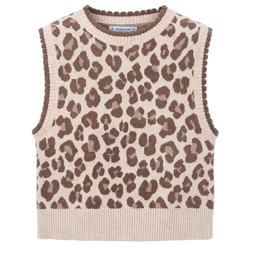 A sleeveless knit sweater vest with a brown and beige leopard print pattern, featuring scalloped edges and a ribbed crew neck, hem, and armholes, shown flat on a light gray background.