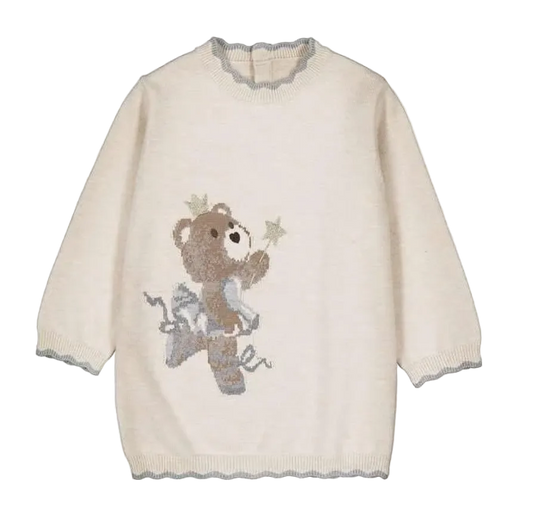 An off-white knit sweater with a scalloped crew neck, cuffs, and hem, featuring a central sequined teddy bear design holding stars.