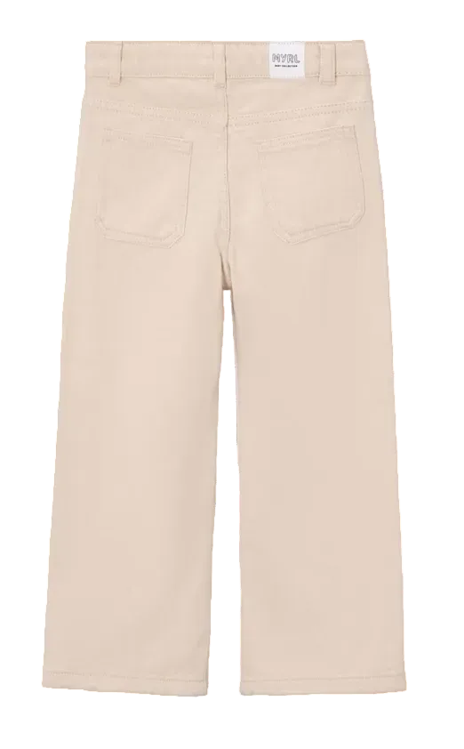 Back view of a pair of beige wide-leg pants for kids, featuring two back patch pockets and a white brand label at the waistband.