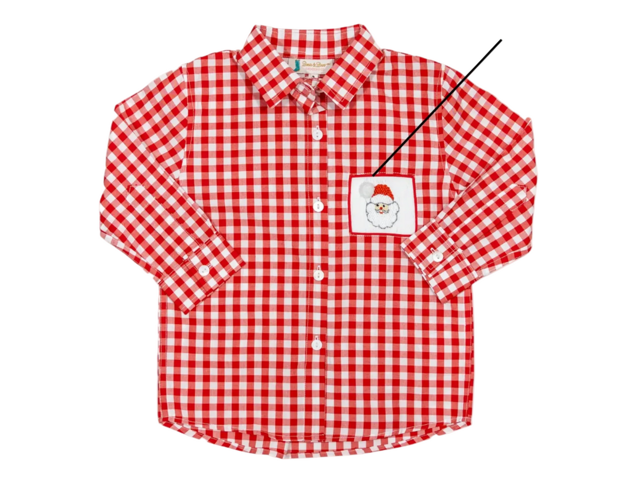Red gingham boys button up shirt with smocked santa on front left of shirt with 3D pom for hat