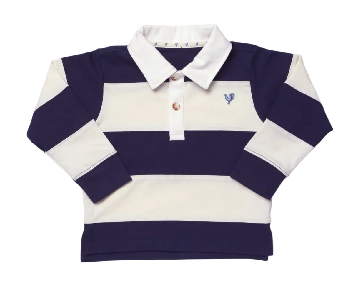 A long-sleeve rugby shirt with horizontal navy blue and cream stripes, featuring a white collar, three buttons, and a small embroidered blue rooster logo on the left chest.