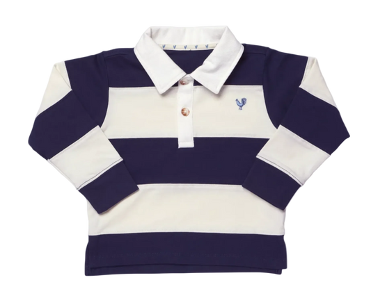 A long-sleeve rugby shirt with horizontal navy blue and cream stripes, featuring a white collar, three buttons, and a small embroidered blue rooster logo on the left chest.
