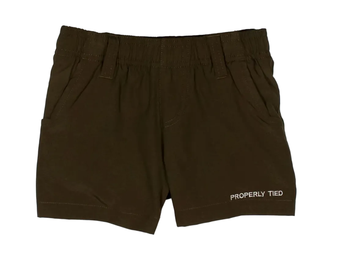 Dark brown elastic waist shorts with side pockets and the text 'PROPERLY TIED' printed in white on the lower left leg, shown against a plain white background.