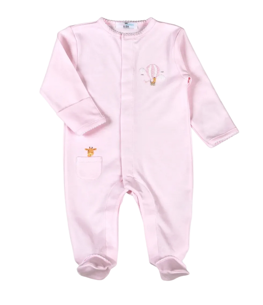 A light pink long-sleeve baby footed romper with a small embroidered hot air balloon and giraffe motif on the chest and a matching pocket on the leg, shown against a plain white background.