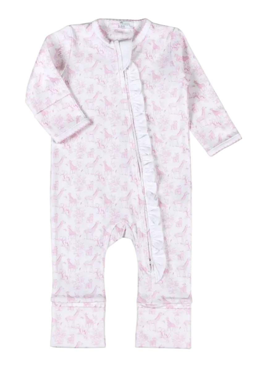 A baby long-sleeve footless sleep sack in white with a light pink unicorn pattern and a ruffled front zipper closure.