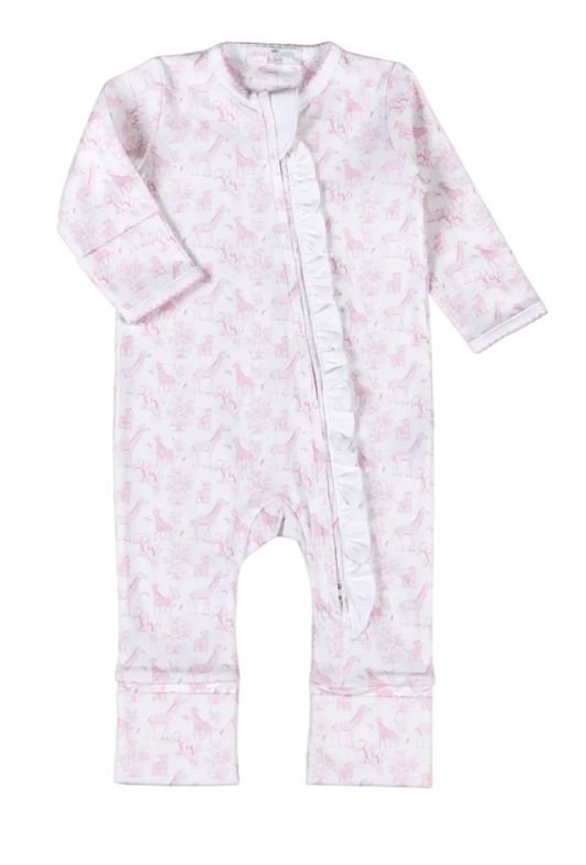 A baby long-sleeve footless sleep sack in white with a light pink unicorn pattern and a ruffled front zipper closure.