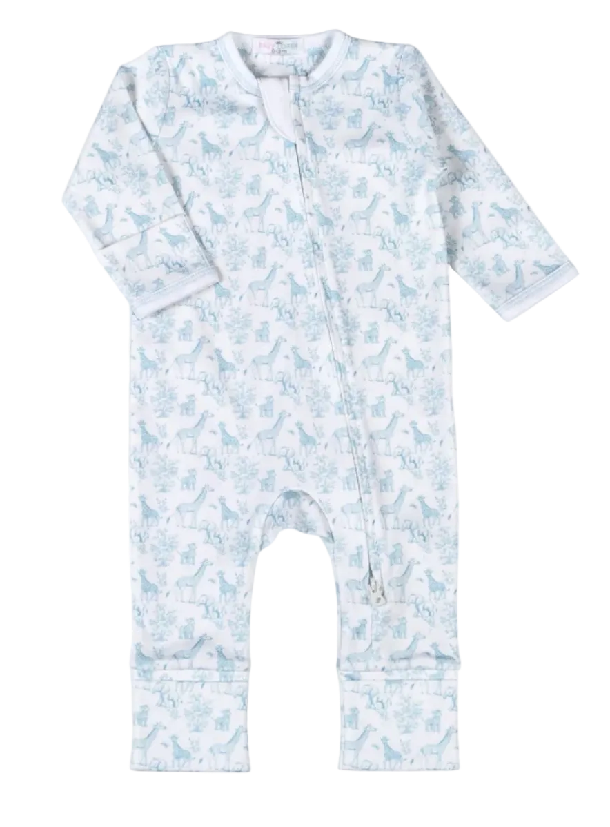 A baby long-sleeve footless one-piece romper in white with a light blue animal and tree print, featuring a snap closure down the front.