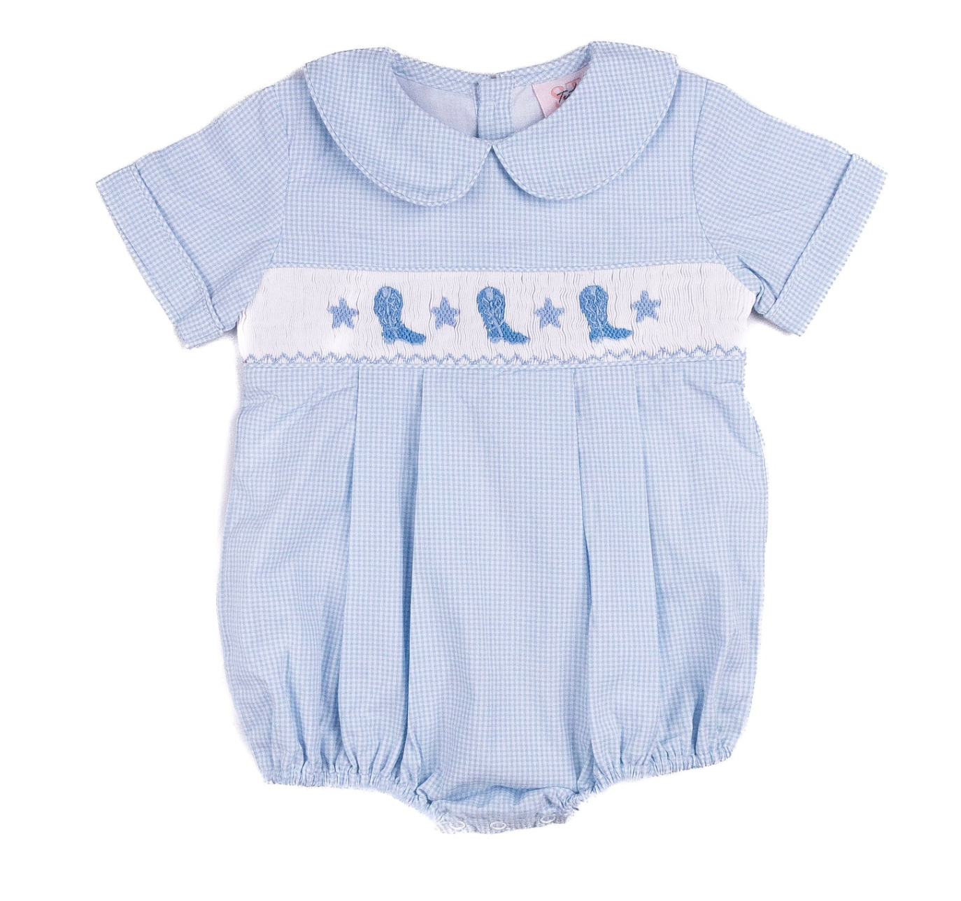 Shop Teeta’s Cowboy Bubble is a light blue baby romper with white smocking, blue bird and star embroidery, a Peter Pan collar, short sleeves, and gently elasticized leg openings for a sweet, classic look.