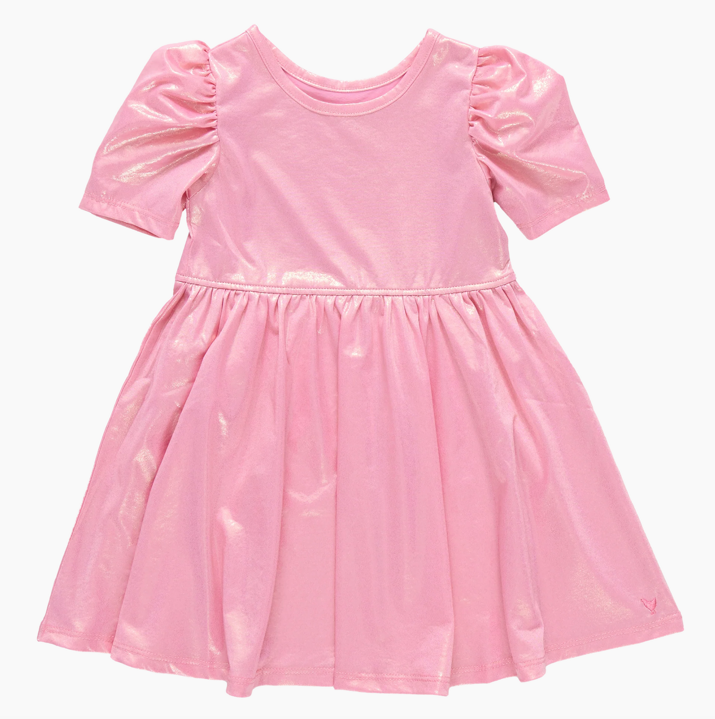 The Pink Chicken Light Pink Laurie Dress for children features a shiny lamé fabric, round neckline, puff sleeves, and gathered flared skirt, shown against a plain white background.