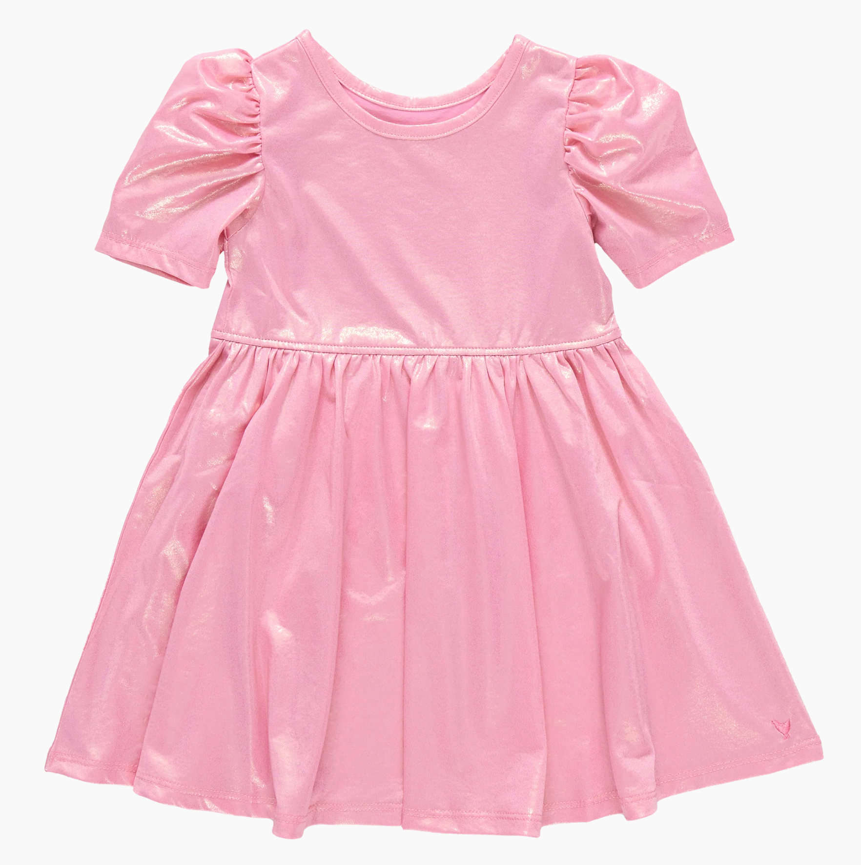 The Pink Chicken Light Pink Laurie Dress for children features a shiny lamé fabric, round neckline, puff sleeves, and gathered flared skirt, shown against a plain white background.