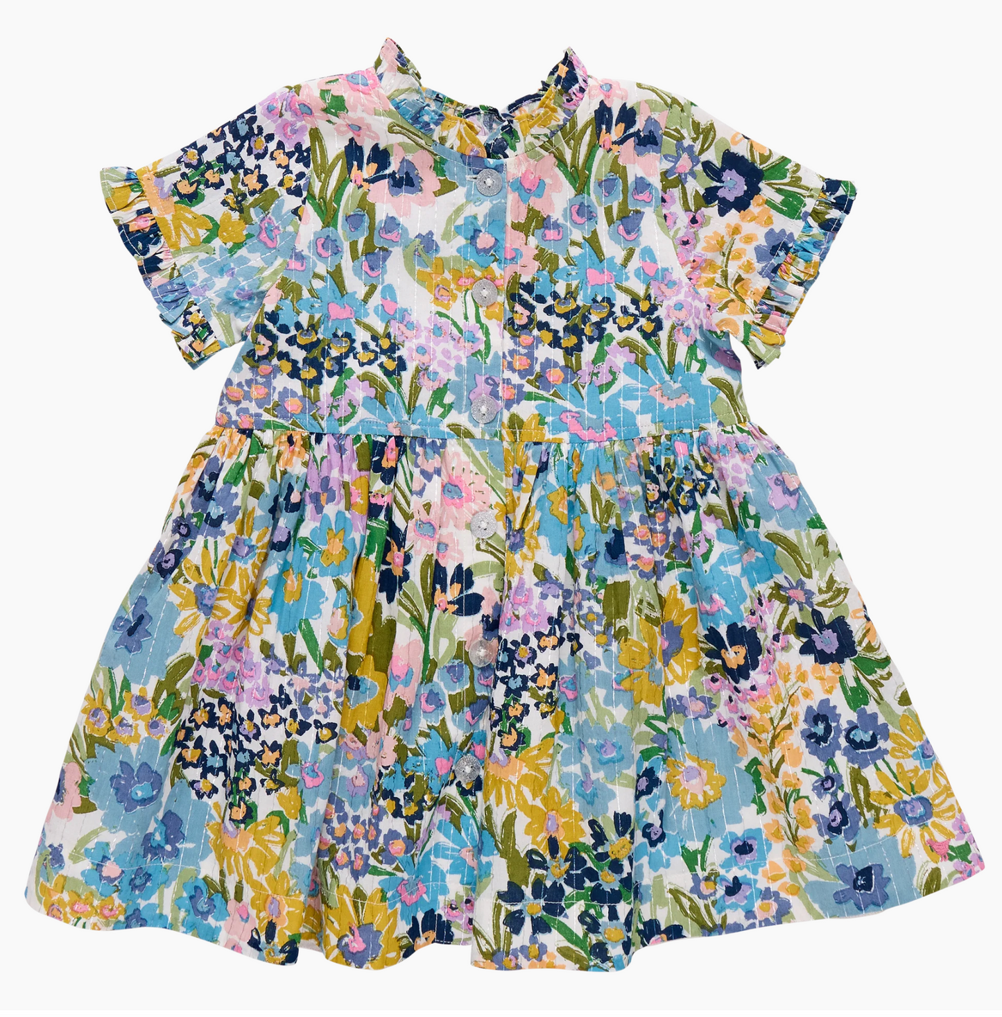 The Pink Chicken Sketch Floral Autumn Dress is a girls' short-sleeved, button-up dress with a colorful floral print on white—perfect for any fun occasion.