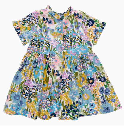 The Pink Chicken Sketch Floral Autumn Dress is a girls' short-sleeved, button-up dress with a colorful floral print on white—perfect for any fun occasion.