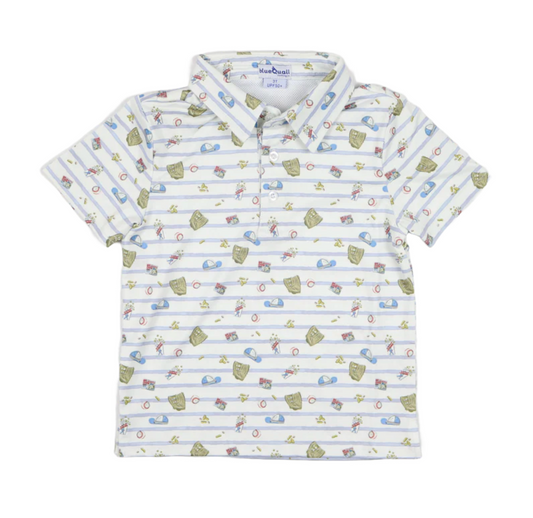 The blueQuail 7th Inning Polo is a short-sleeved, collared youth shirt with horizontal pastel stripes and a playful bikes, rackets, and circles pattern—combining sporty style and comfort for active kids.