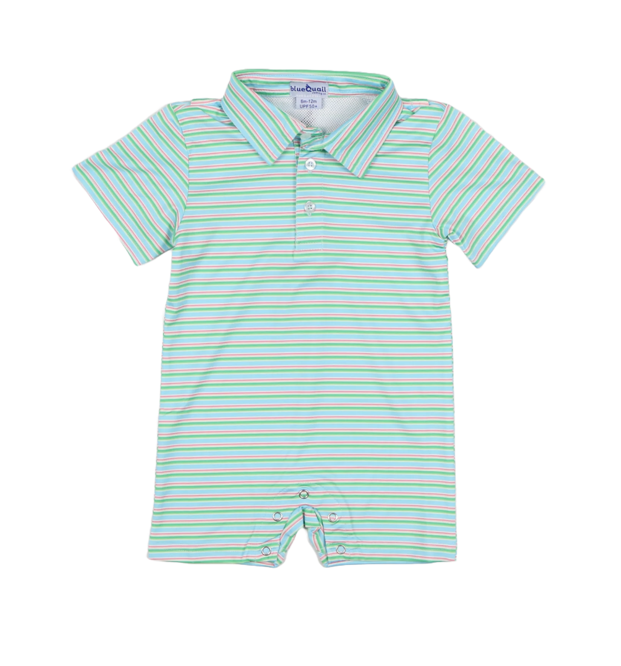 The blue Quail Sherbet Stripe Polo Romper features pastel stripes on white, a collar, button front, crotch snaps for easy changes, and UPF 50+ sun protection to keep your baby comfortable and safe.
