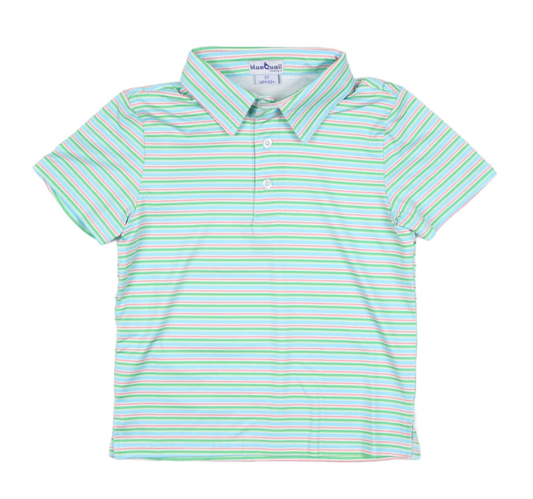 The blue Quail Sherbet Stripe Polo is a collared short-sleeve shirt made from breathable fabric, featuring pastel green, pink, white, and blue horizontal stripes.