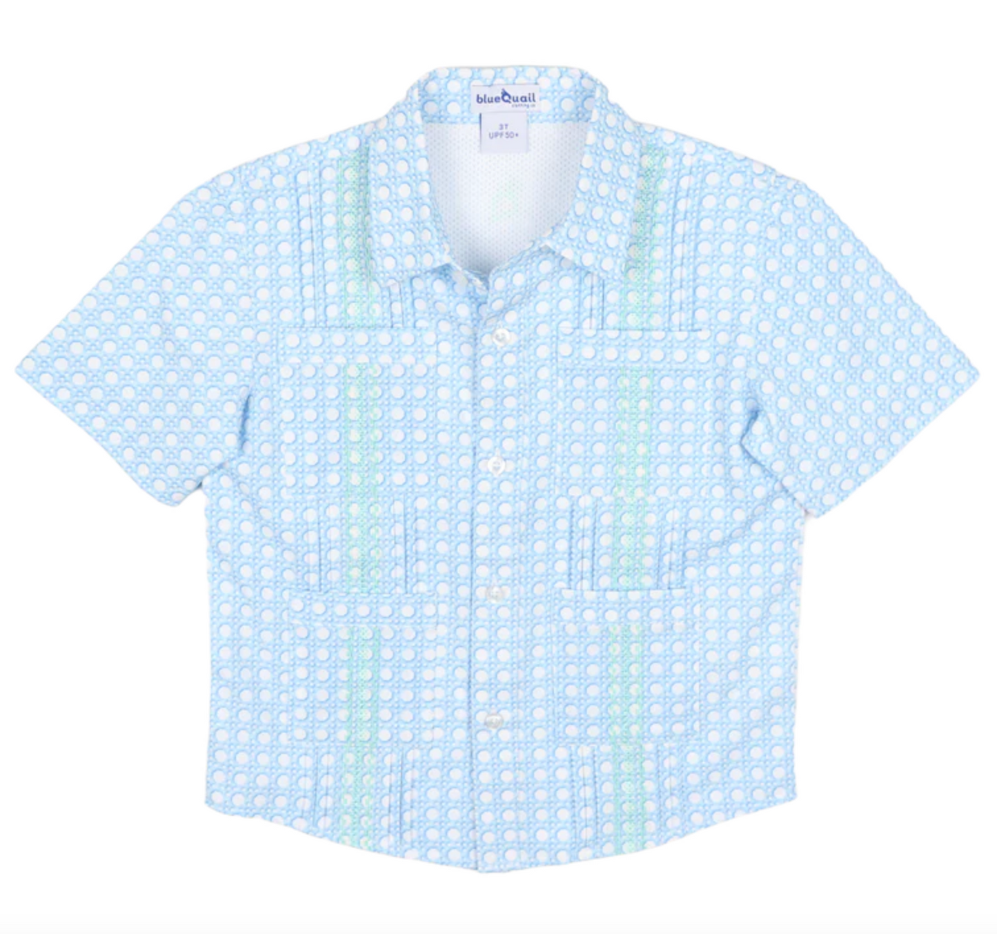 The blue Quail Blue Cane Lattice Guayabera is a short-sleeve, button-up men's shirt with a light blue and white geometric dot pattern, two chest pockets, and breathable fabric—ideal for spring style.