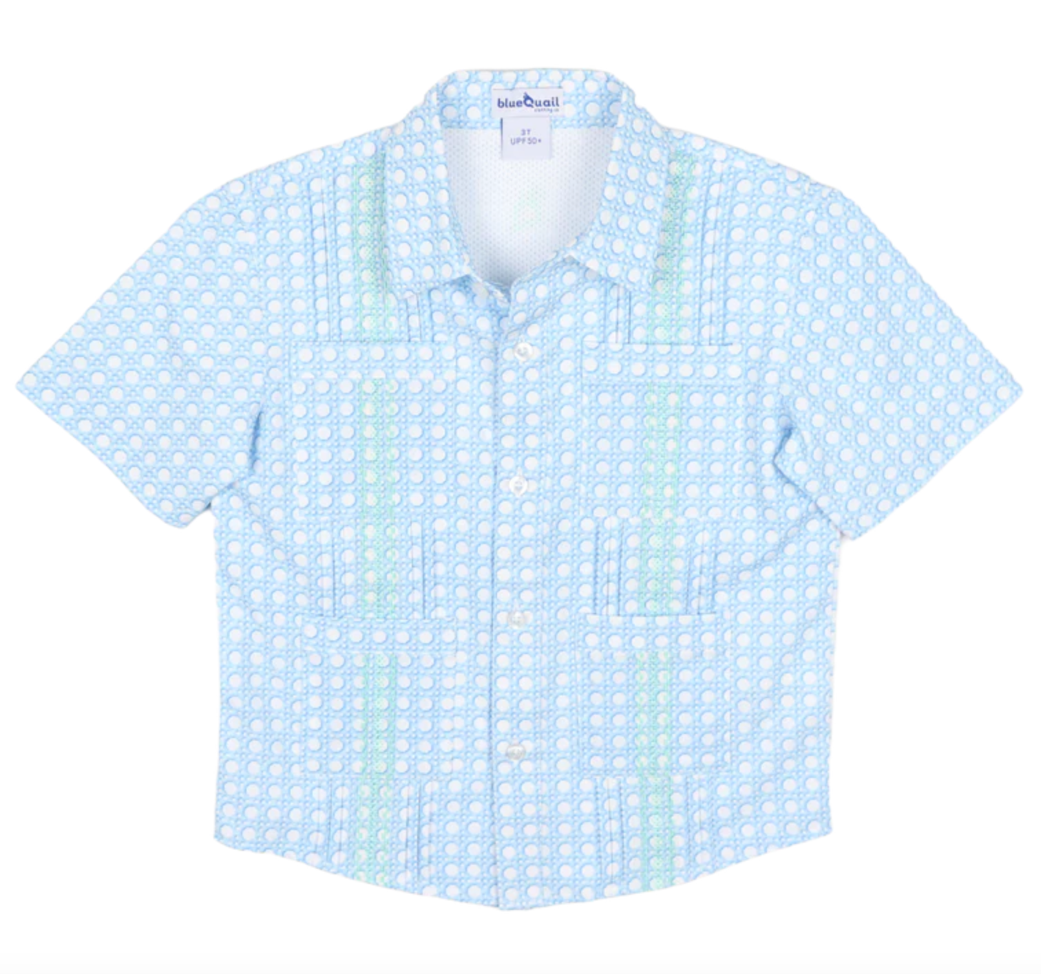 The blue Quail Blue Cane Lattice Guayabera is a short-sleeve, button-up men's shirt with a light blue and white geometric dot pattern, two chest pockets, and breathable fabric—ideal for spring style.