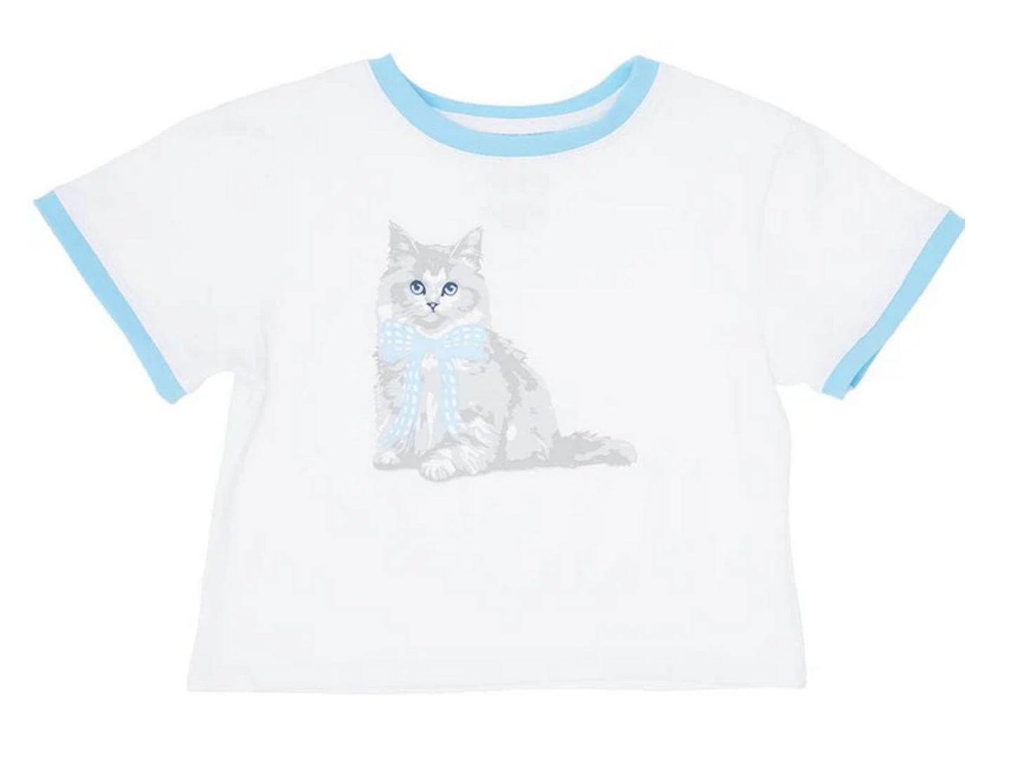 White t-shirt with a cat graphic and blue trim on a white background
