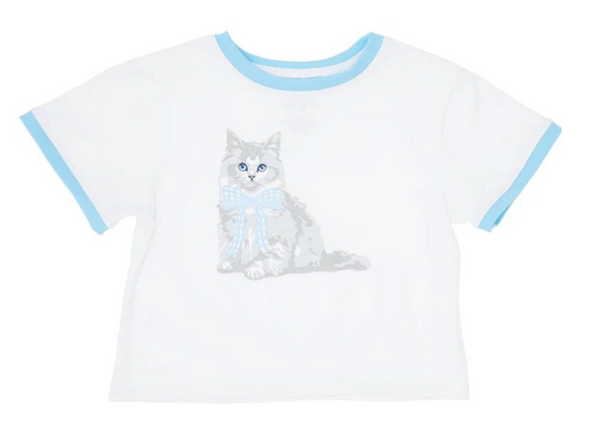White t-shirt with a cat graphic and blue trim on a white background