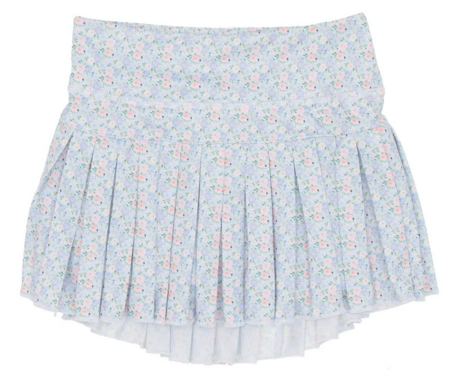soft blue floral skort for little girls featuring mini pleats