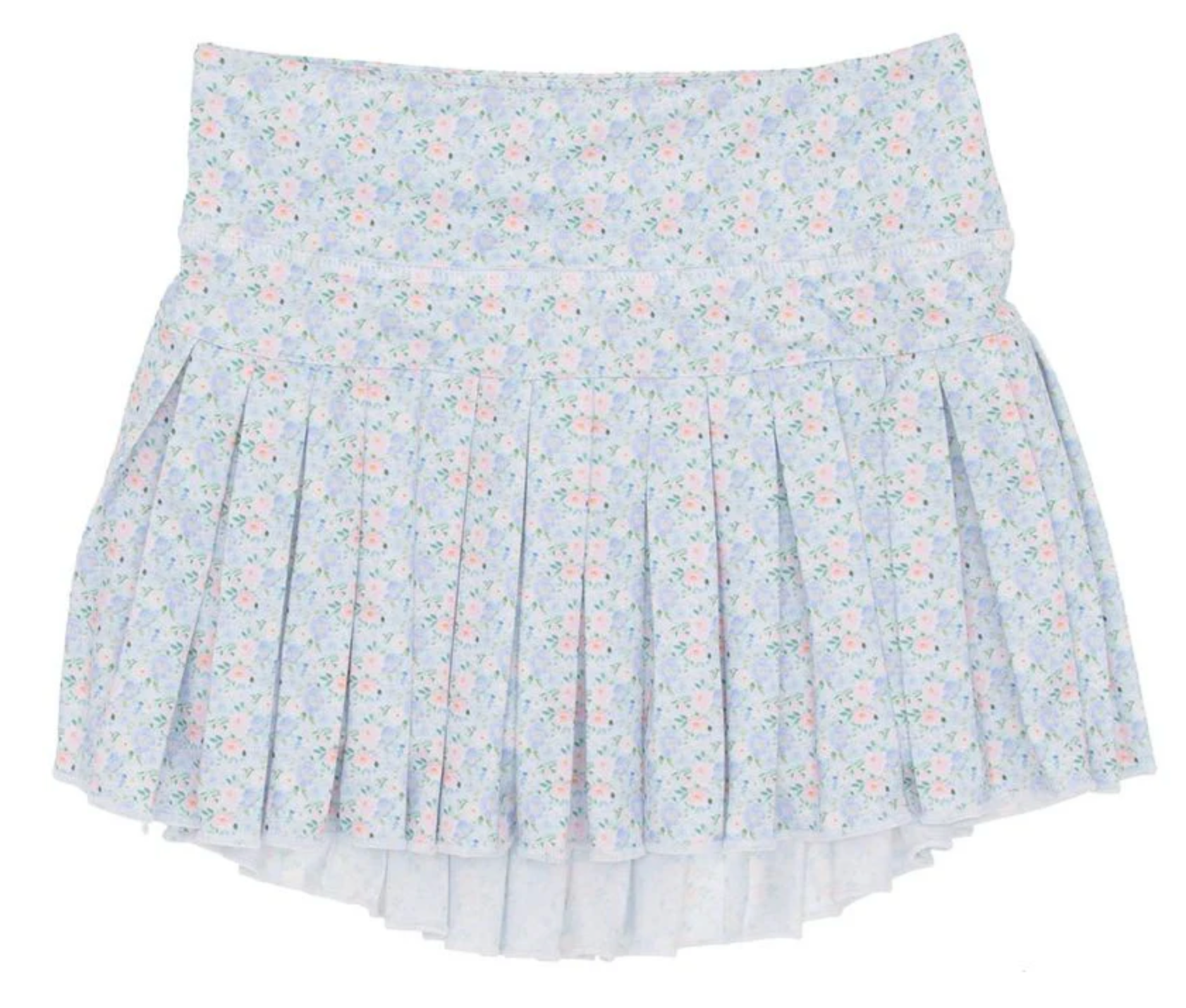 soft blue floral skort for little girls featuring mini pleats