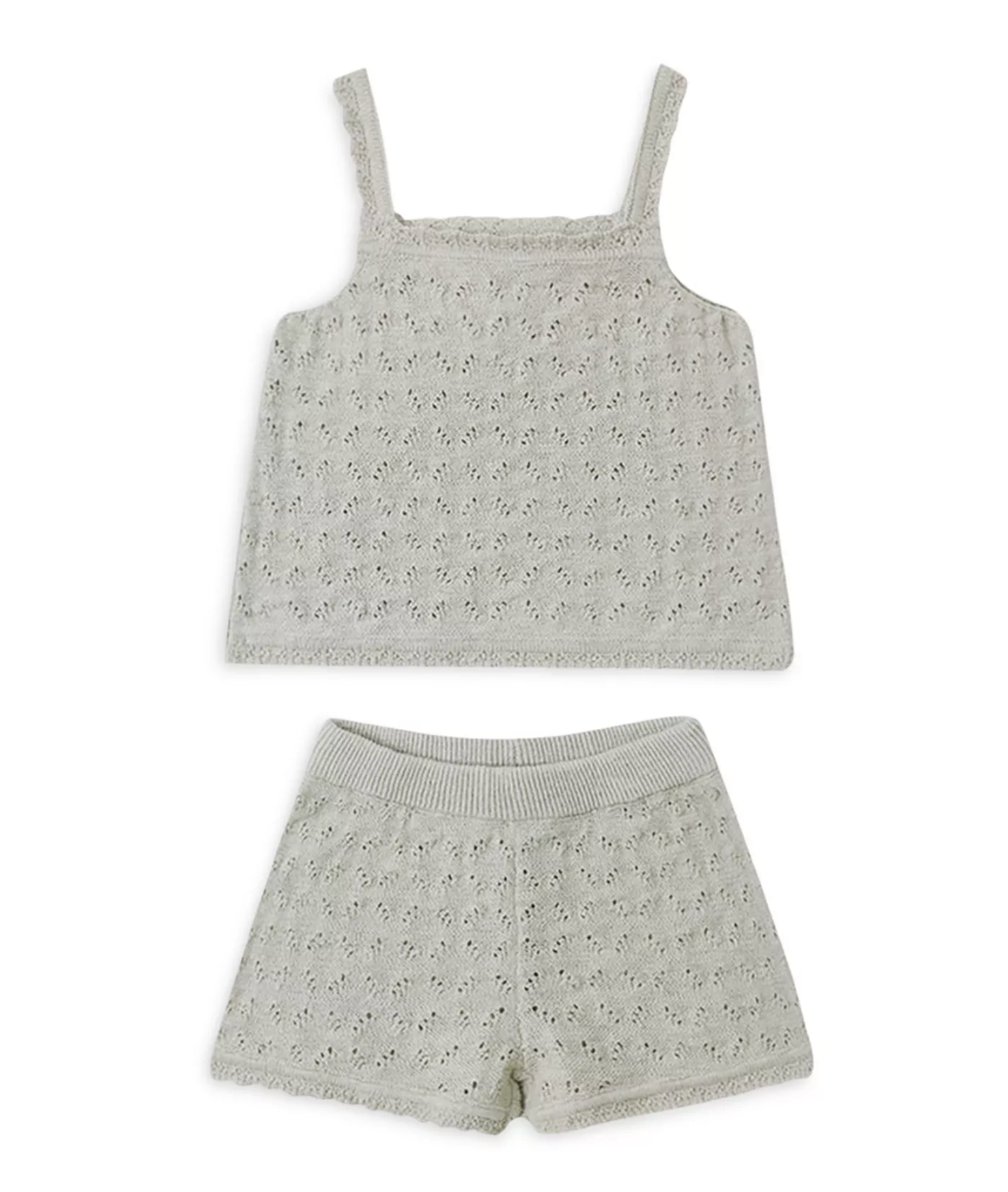 Sage knit tank top and shorts set on a white background