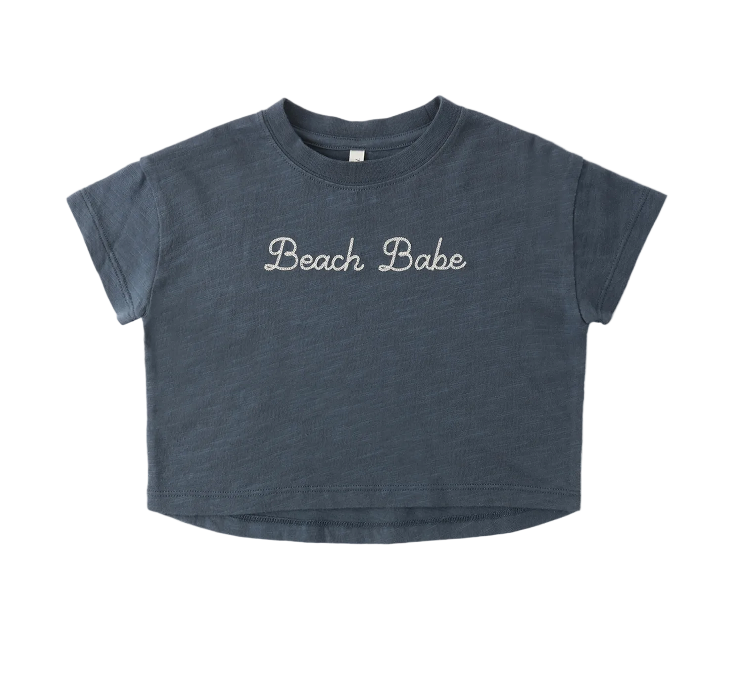 Blue t-shirt with 'Beach Babe' text on a white background
