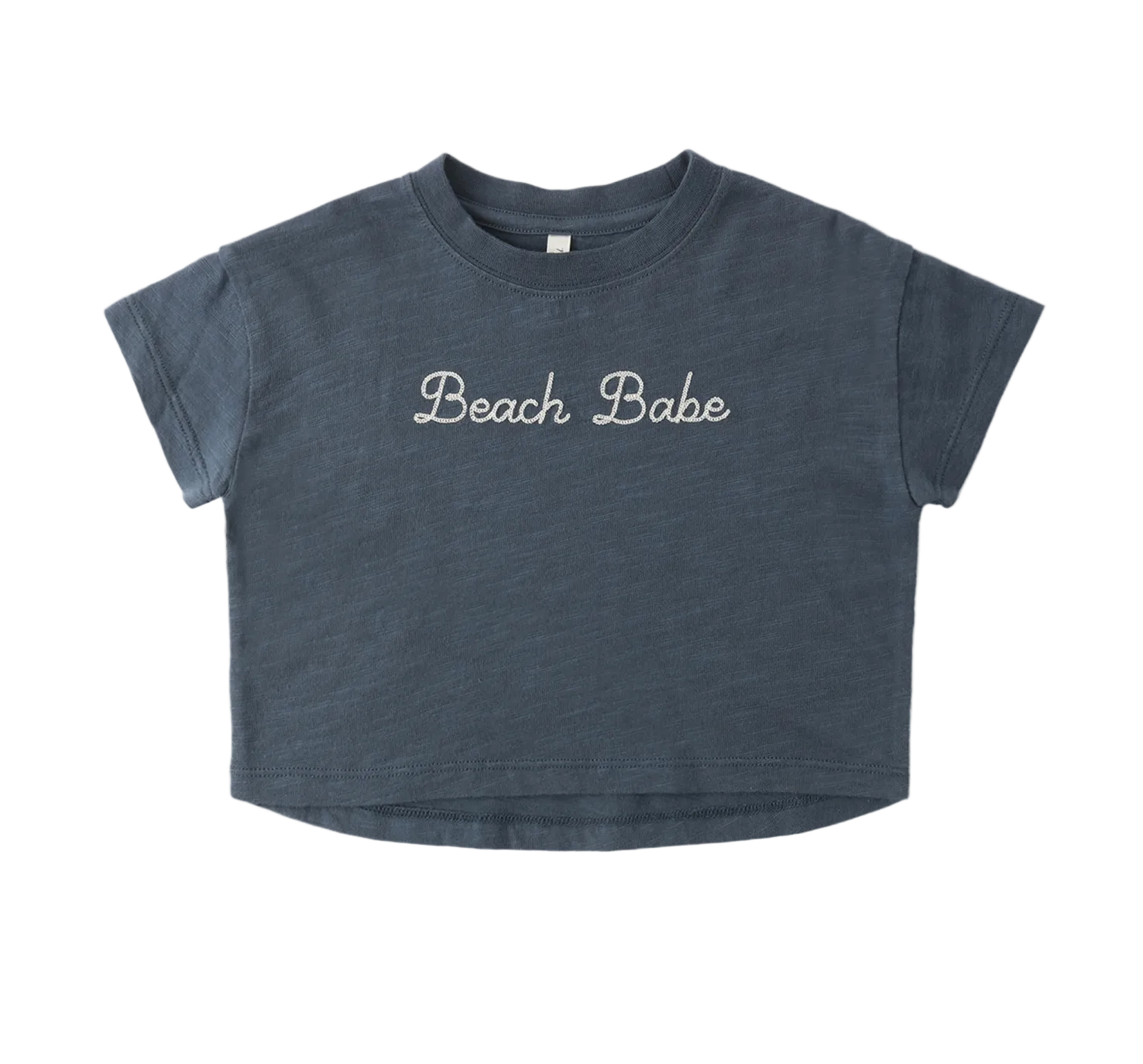 Blue t-shirt with 'Beach Babe' text on a white background