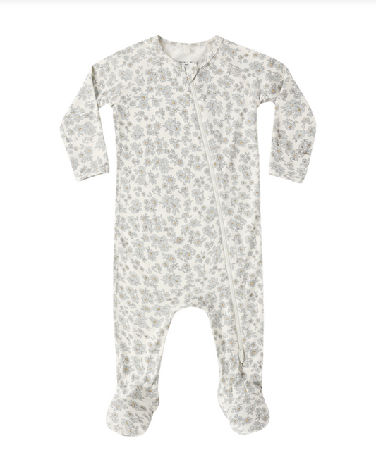 Blue Floral Bamboo Zip Footie