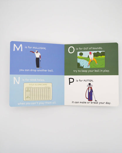 ABC's of Golf by Wild Adventure Books features four illustrated panels introducing kids to golf terms—Mulligan, Out of Bounds, Nine Holes, and Putter—each with drawings and explanations. Ideal baby shower gift for little golf fans!.