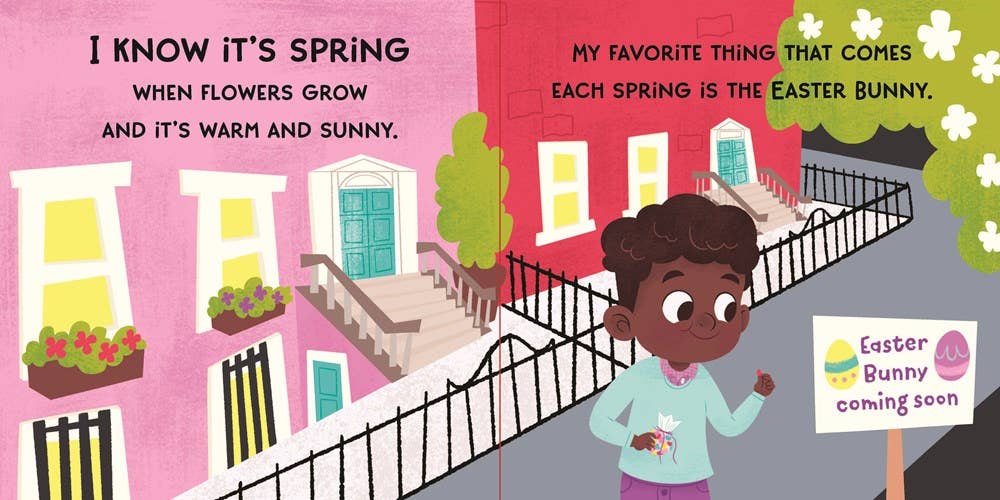 Illustration from *My First How to Catch The Easter Bunny (BB)* by Sourcebooks shows a child with a candy bag near an "Easter Bunny coming soon" sign—colorful houses and greenery in the background. Great Easter basket stuffer for fans of the series.
