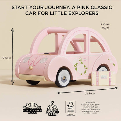 A pink retro “Sophie's Dolls House Toy Car” by Le Toy Van, Inc. sits beside a small suitcase. Text above reads, “Start your journey. A pink classic car for little explorers.” Measurements and plastic-free toy icons shown.