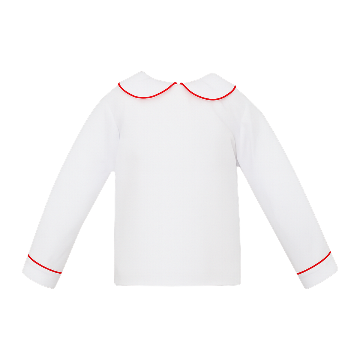 White long-sleeve boys shirt with red piping and Peter Pan collar