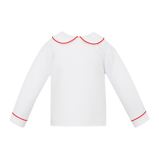 White long-sleeve boys shirt with red piping and Peter Pan collar