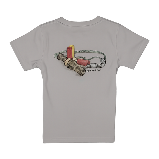 Ice grey boys T-shirt with Mossy Oak hunting graphic on the back