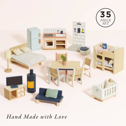 The Complete Dolls House Furniture set by Le Toy Van, Inc. includes 35 beautifully crafted mini pieces—bed, crib, fridge, stove, kitchen sink, sofa, and more—perfectly arranged against a light background.