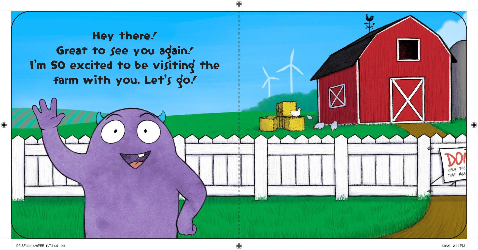 A friendly purple cartoon monster greets you by a red barn in "Don't Push the Button: On the Farm" from Sourcebooks. Explore green fields, farm animals, and more in this interactive children's book adventure!.