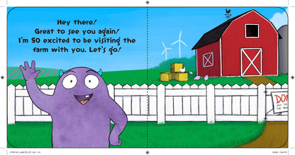 A friendly purple cartoon monster greets you by a red barn in "Don't Push the Button: On the Farm" from Sourcebooks. Explore green fields, farm animals, and more in this interactive children's book adventure!.