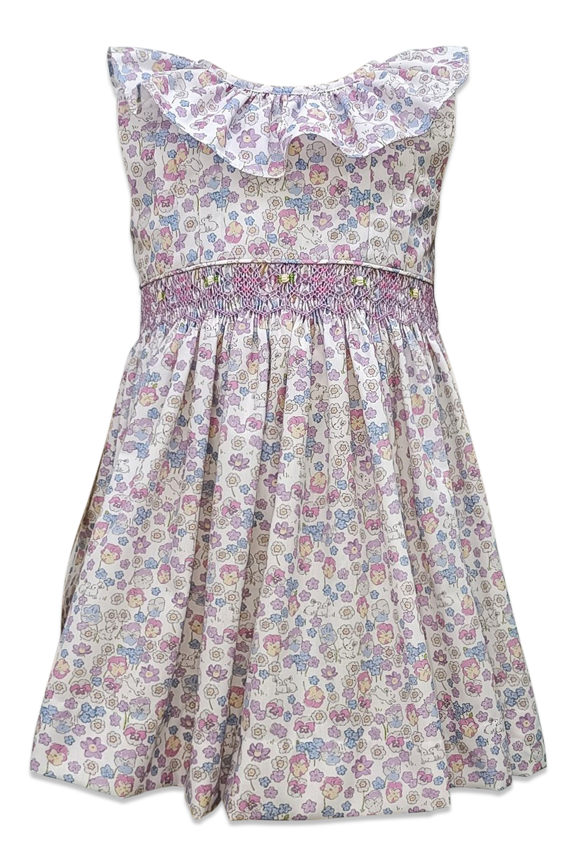 bunny floral dress with purple smocking
