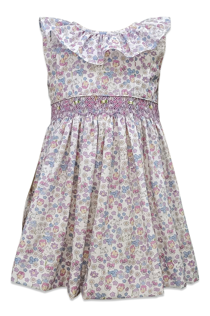 bunny floral dress with purple smocking