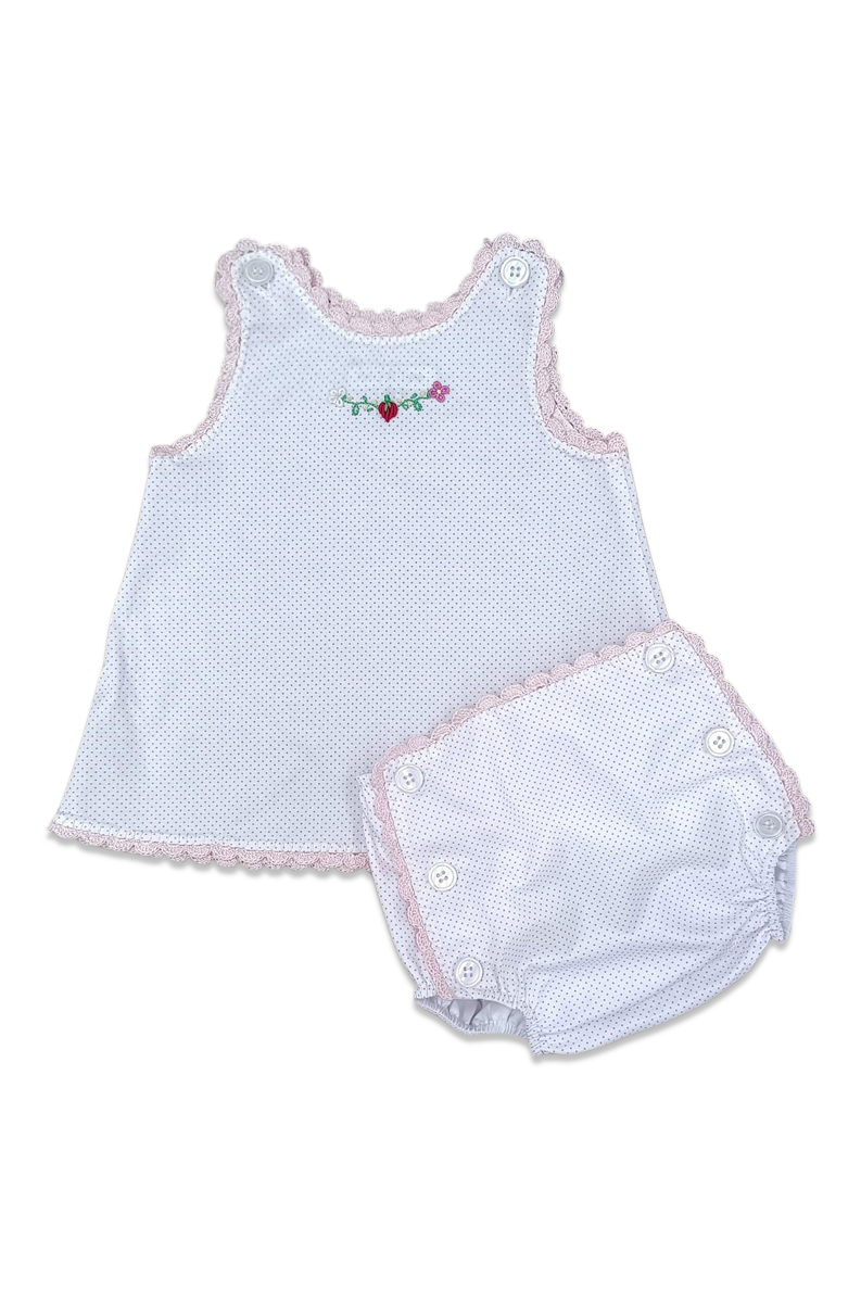 Baby girl's outfit with a sleeveless top and bloomers on a white background
